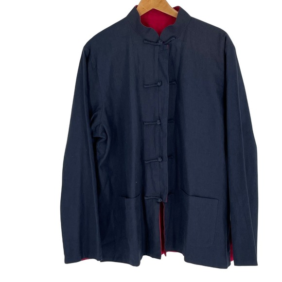 Mens Chinese Style Jacket Red Reversible Blue Mandarin Collar Frog Button L XL - Picture 9 of 14